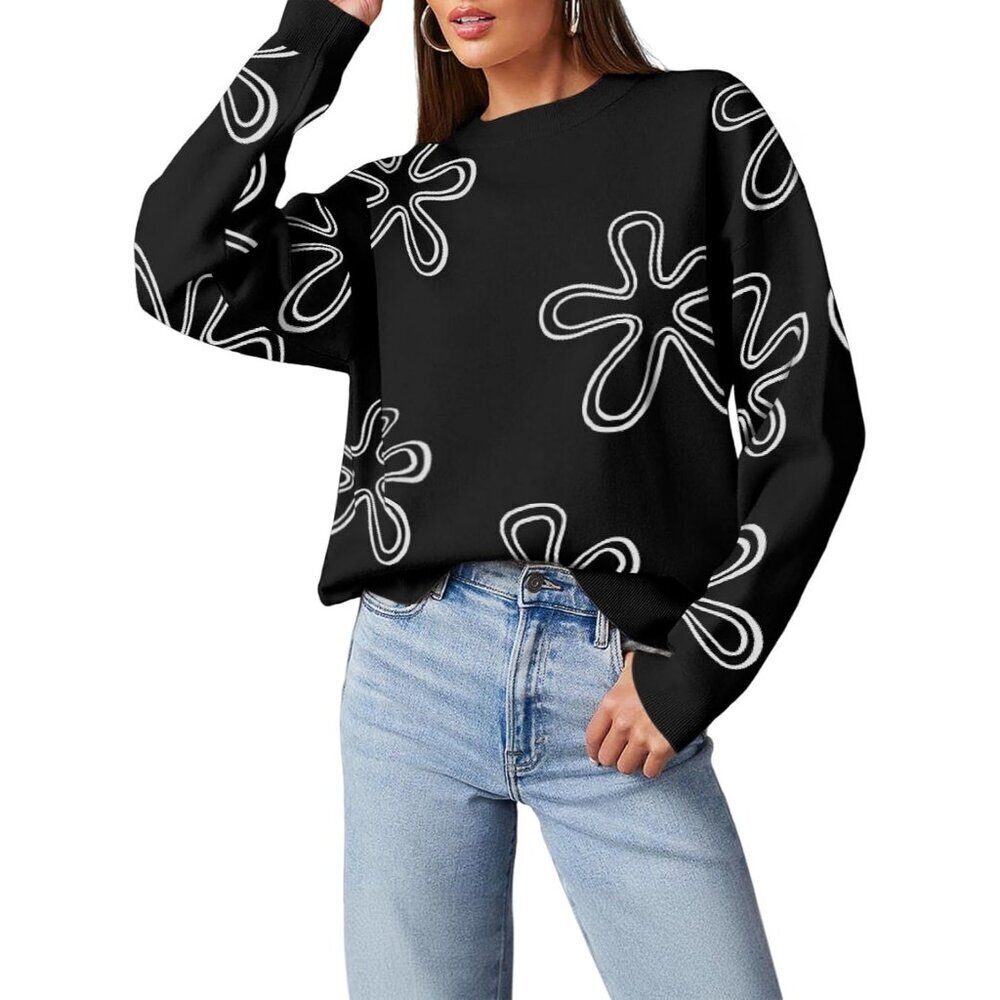 Women's Floral Print Cable Knit Sweater Crew Neck Long Sleeve Fall Winter